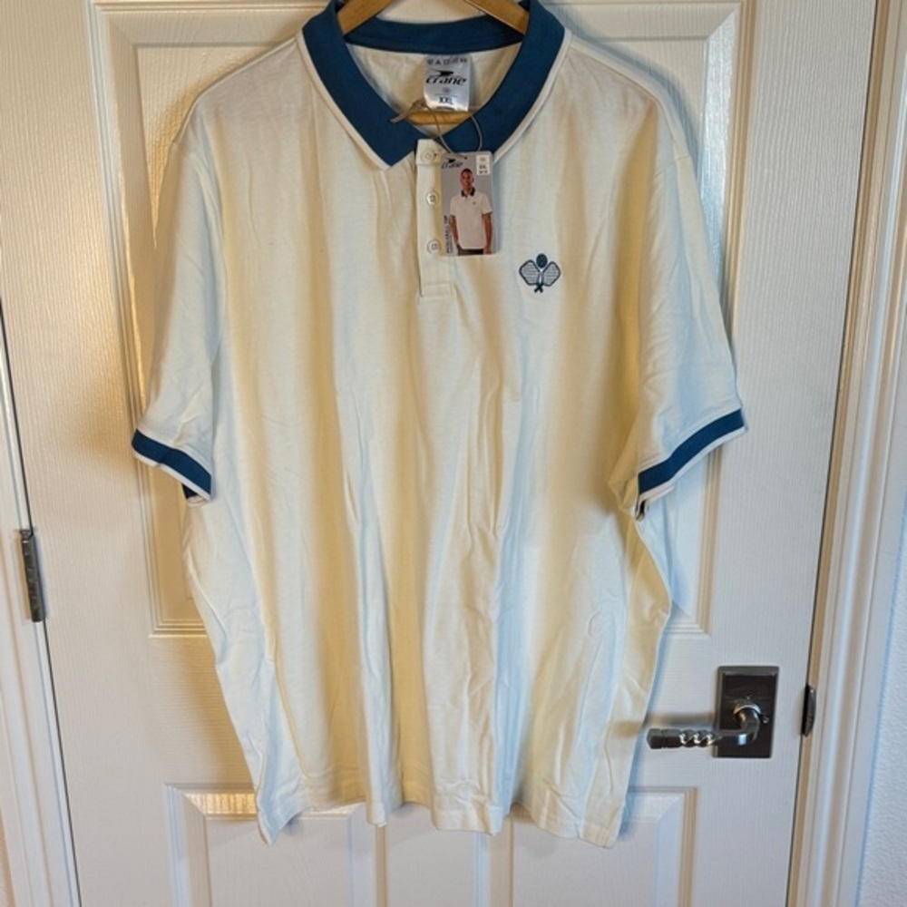 Men's Cream Polo with Blue Trim. Pickleball theme.
